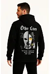 Erkek Kapşonlu Sweatshirt – Oversize Üç İplik Şardonlu Hoodie, “other Lives” Ön & Arka Baskılı, Kanguru Cepli, Kışlık Rahat Günlük Stil - Siyah