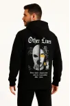 Erkek Kapşonlu Sweatshirt – Oversize Üç İplik Şardonlu Hoodie, “other Lives” Ön & Arka Baskılı, Kanguru Cepli, Kışlık Rahat Günlük Stil - Siyah
