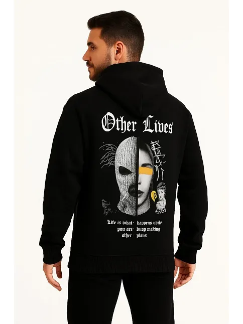 Erkek Kapşonlu Sweatshirt – Oversize Üç İplik Şardonlu Hoodie, “other Lives” Ön & Arka Baskılı, Kanguru Cepli, Kışlık Rahat Günlük Stil - Siyah