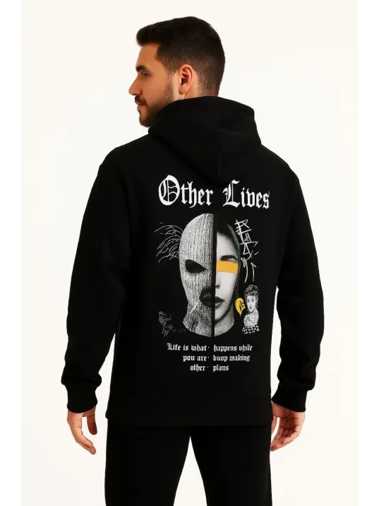 Erkek Kapşonlu Sweatshirt – Oversize Üç İplik Şardonlu Hoodie, “Other Lives” Ön & Arka Baskılı, Kanguru Cepli, Kışlık Rahat Günlük Stil - Siyah Erkek Kapşonlu Sweatshirt – Oversize Üç İplik Şardonlu Hoodie, “Other Lives” Ön & Arka Baskılı, Kanguru Cepli, Kışlık Rahat Günlük Stil - Siyah