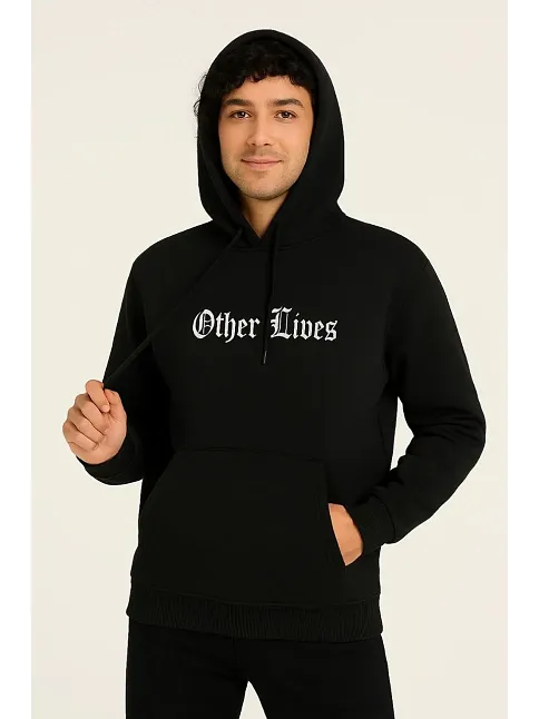 Erkek Kapşonlu Sweatshirt – Oversize Üç İplik Şardonlu Hoodie, “other Lives” Ön & Arka Baskılı, Kanguru Cepli, Kışlık Rahat Günlük Stil - Siyah