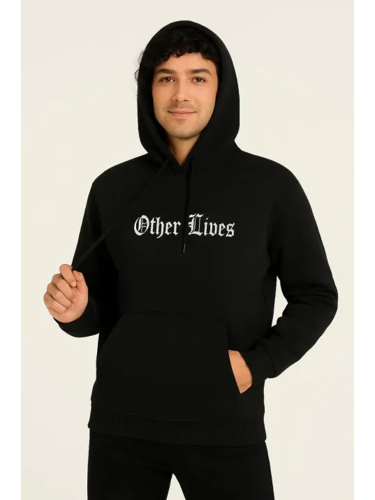 Erkek Kapşonlu Sweatshirt – Oversize Üç İplik Şardonlu Hoodie, “Other Lives” Ön & Arka Baskılı, Kanguru Cepli, Kışlık Rahat Günlük Stil - Siyah Erkek Kapşonlu Sweatshirt – Oversize Üç İplik Şardonlu Hoodie, “Other Lives” Ön & Arka Baskılı, Kanguru Cepli, Kışlık Rahat Günlük Stil - Siyah