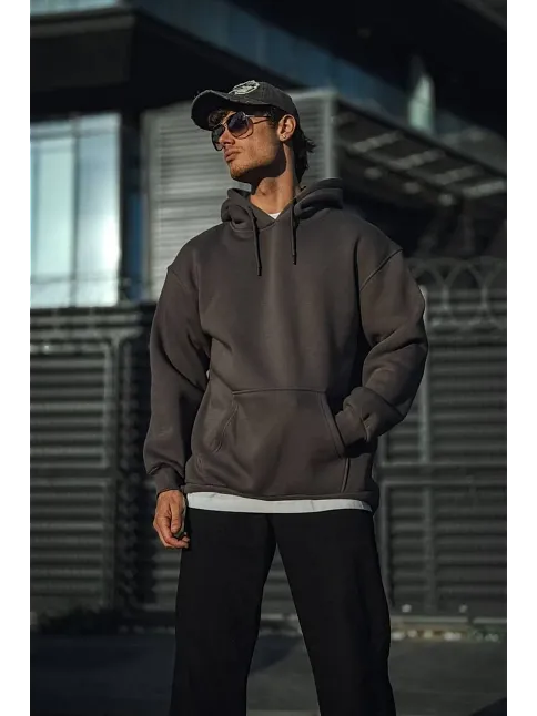 Üç İplik Penye Kapşonlu Basic Sweatshirt - Füme