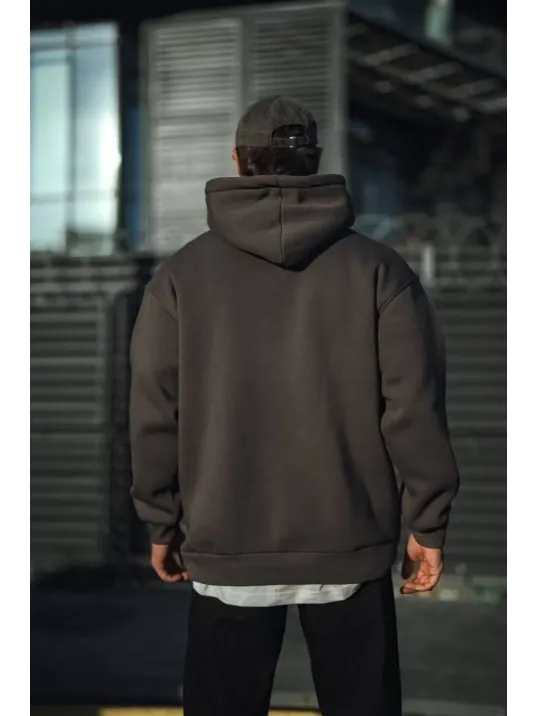 Üç İplik Penye Kapşonlu Basic SweatShirt - Füme