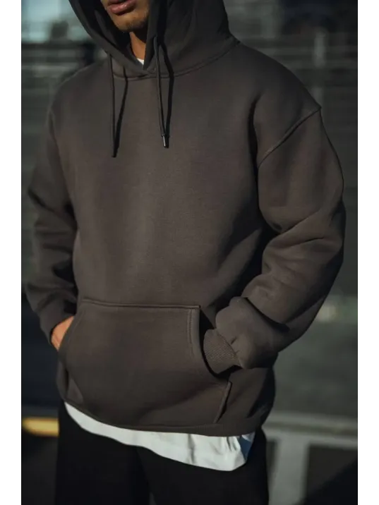 Üç İplik Penye Kapşonlu Basic SweatShirt - Füme Üç İplik Penye Kapşonlu Basic SweatShirt - Füme