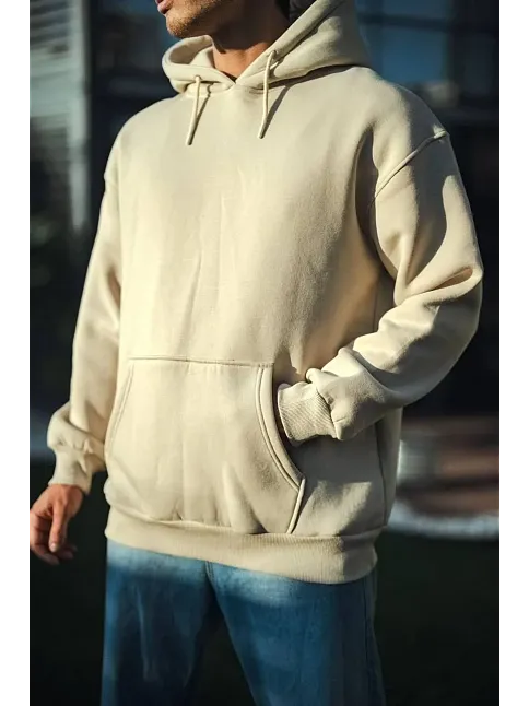 Üç İplik Penye Kapşonlu Basic Sweatshirt - Bej