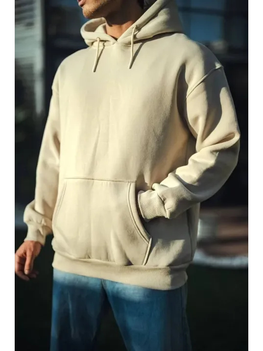 Üç İplik Penye Kapşonlu Basic SweatShirt - Bej