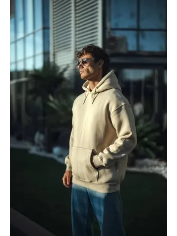Üç İplik Penye Kapşonlu Basic SweatShirt - Bej Üç İplik Penye Kapşonlu Basic SweatShirt - Bej