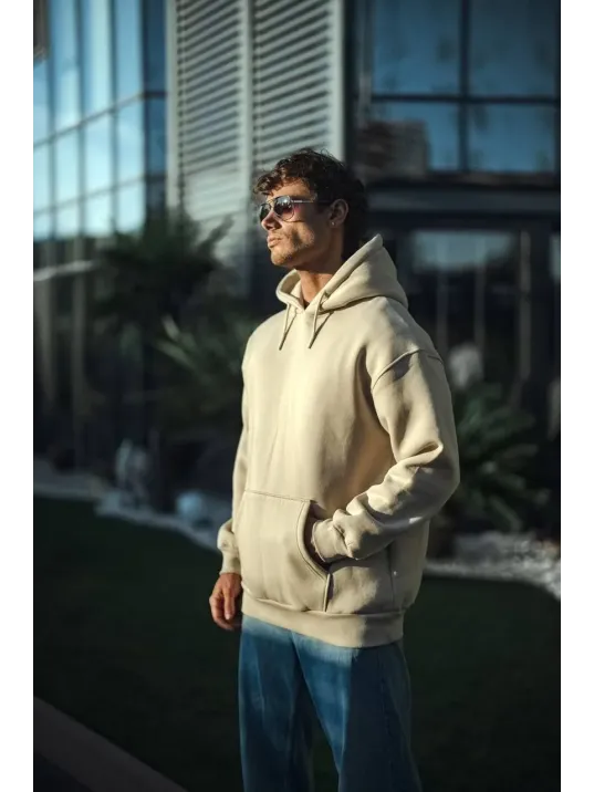 Üç İplik Penye Kapşonlu Basic SweatShirt - Bej Üç İplik Penye Kapşonlu Basic SweatShirt - Bej