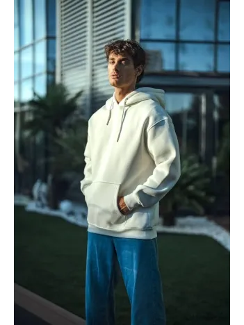 Üç İplik Penye Kapşonlu Basic Sweatshirt - Beyaz