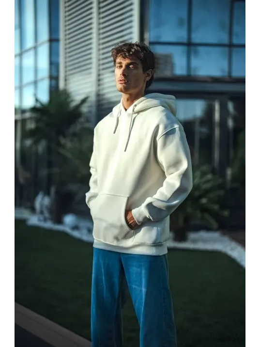 Üç İplik Penye Kapşonlu Basic Sweatshirt - Beyaz