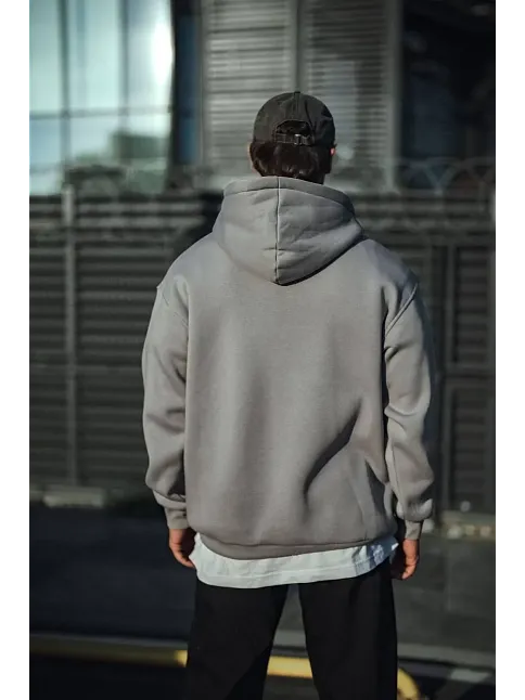 Üç İplik Penye Kapşonlu Basic Sweatshirt - Boyalı Gri