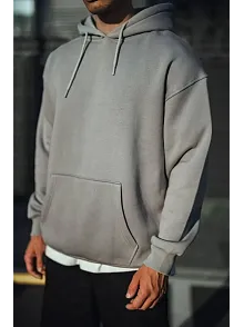 Üç İplik Penye Kapşonlu Basic Sweatshirt - Boyalı Gri