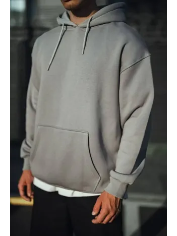 Üç İplik Penye Kapşonlu Basic SweatShirt - Boyalı Gri Üç İplik Penye Kapşonlu Basic SweatShirt - Boyalı Gri