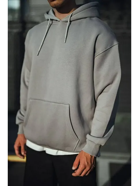 Üç İplik Penye Kapşonlu Basic Sweatshirt - Boyalı Gri