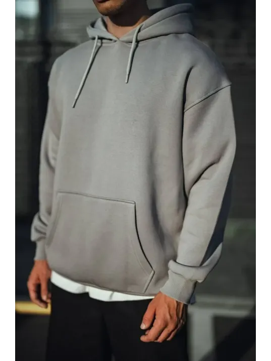 Üç İplik Penye Kapşonlu Basic SweatShirt - Boyalı Gri Üç İplik Penye Kapşonlu Basic SweatShirt - Boyalı Gri