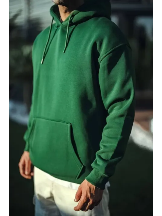 Üç İplik Penye Kapşonlu Basic SweatShirt - Haki