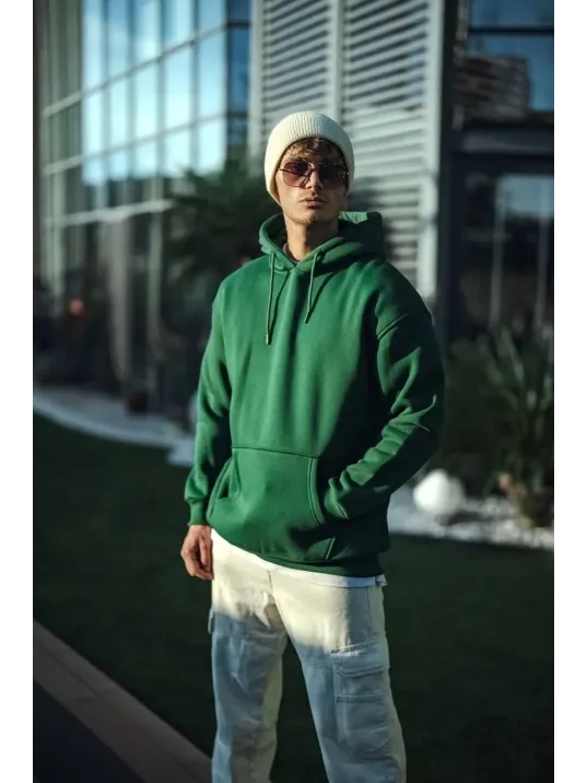 Üç İplik Penye Kapşonlu Basic SweatShirt - Haki Üç İplik Penye Kapşonlu Basic SweatShirt - Haki