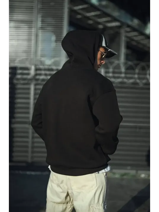 Üç İplik Penye Kapşonlu Basic SweatShirt - Siyah