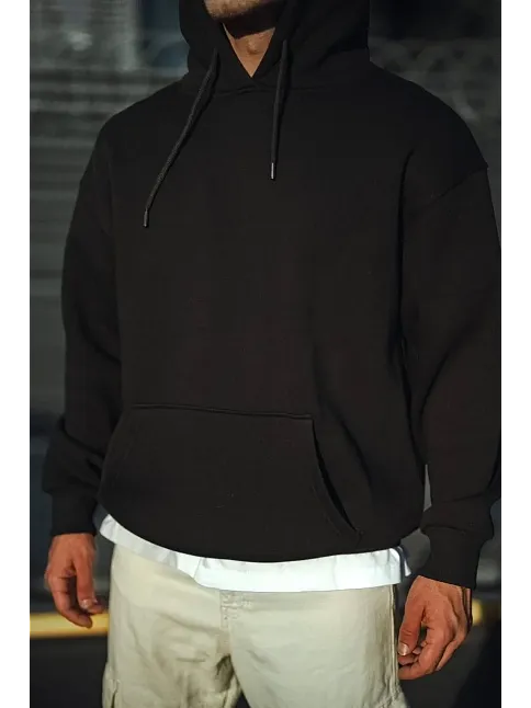 Üç İplik Penye Kapşonlu Basic Sweatshirt - Siyah