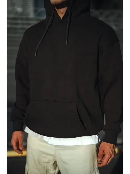 Üç İplik Penye Kapşonlu Basic SweatShirt - Siyah