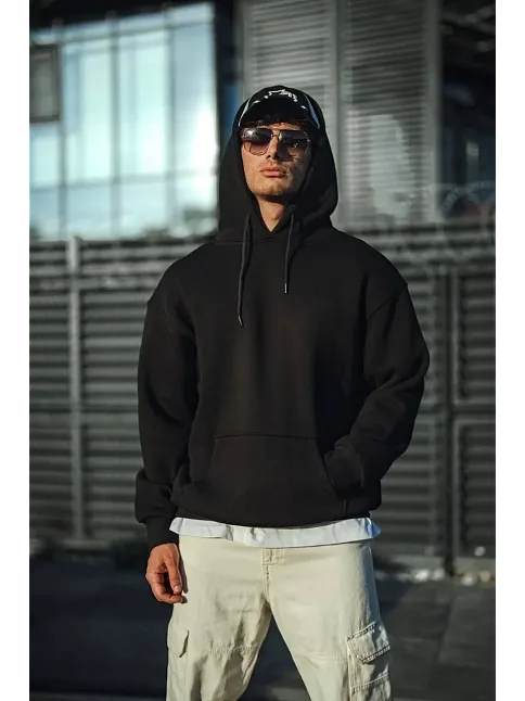 Üç İplik Penye Kapşonlu Basic Sweatshirt - Siyah
