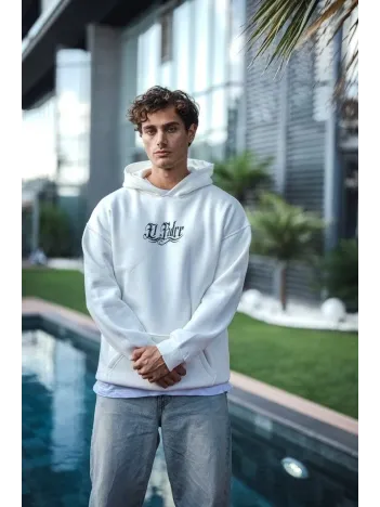 Üç İplik Penye Kapşonlu Baskılı SweatShirt - Beyaz Üç İplik Penye Kapşonlu Baskılı SweatShirt - Beyaz