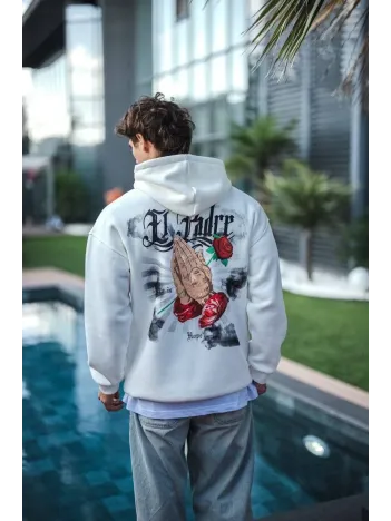 Üç İplik Penye Kapşonlu Baskılı SweatShirt - Beyaz Üç İplik Penye Kapşonlu Baskılı SweatShirt - Beyaz