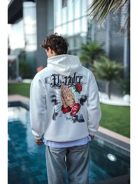 Üç İplik Penye Kapşonlu Baskılı Sweatshirt - Beyaz