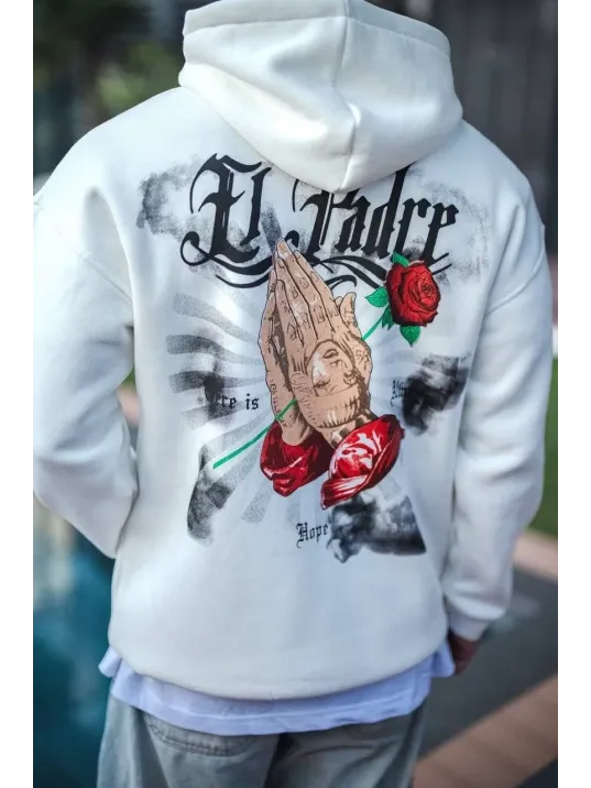 Üç İplik Penye Kapşonlu Baskılı SweatShirt - Beyaz