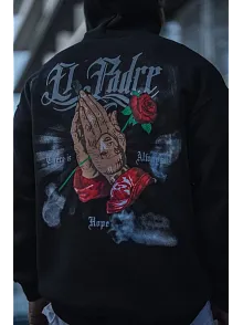Üç İplik Penye Kapşonlu Baskılı Sweatshirt - Siyah