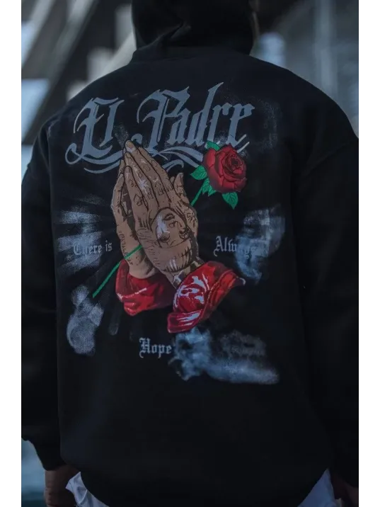 Üç İplik Penye Kapşonlu Baskılı SweatShirt - Siyah