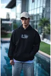 Üç İplik Penye Kapşonlu Baskılı Sweatshirt - Siyah