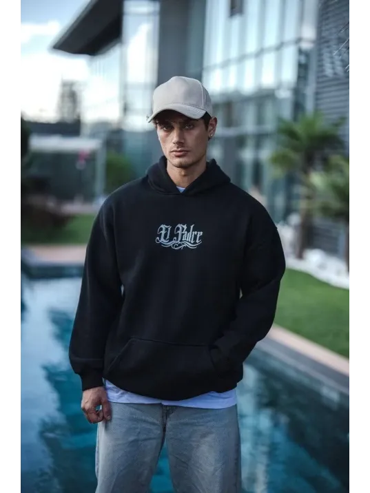 Üç İplik Penye Kapşonlu Baskılı SweatShirt - Siyah Üç İplik Penye Kapşonlu Baskılı SweatShirt - Siyah