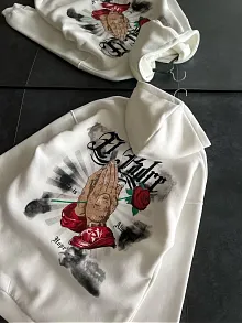 Üç İplik Penye Uzun Kol Kapüşonlu Baskılı Sweatshirt - Beyaz