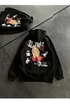 Üç İplik Penye Uzun Kol Kapşonlu Baskılı Sweatshirt - Siyah