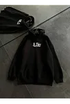 Üç İplik Penye Uzun Kol Kapşonlu Baskılı Sweatshirt - Siyah