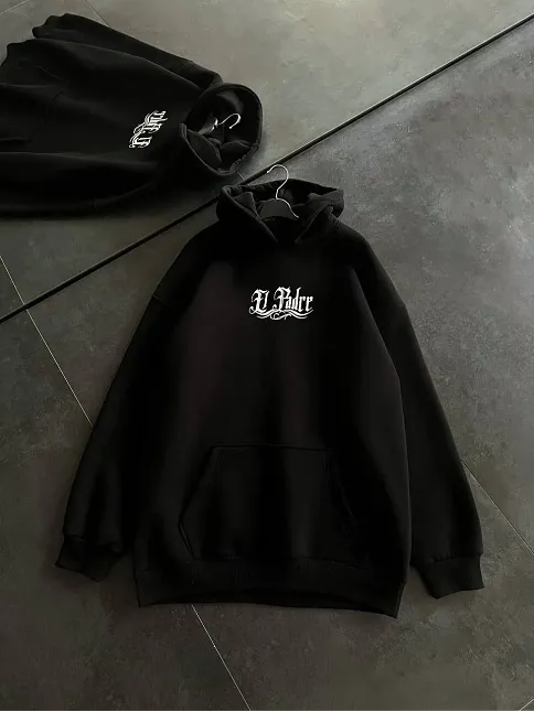 Üç İplik Penye Uzun Kol Kapşonlu Baskılı Sweatshirt - Siyah