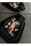 Üç İplik Penye Uzun Kol Kapşonlu Baskılı Sweatshirt - Siyah