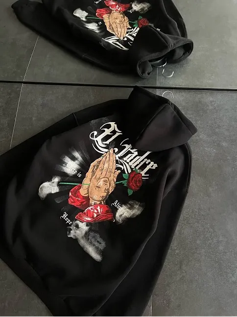 Üç İplik Penye Uzun Kol Kapşonlu Baskılı Sweatshirt - Siyah