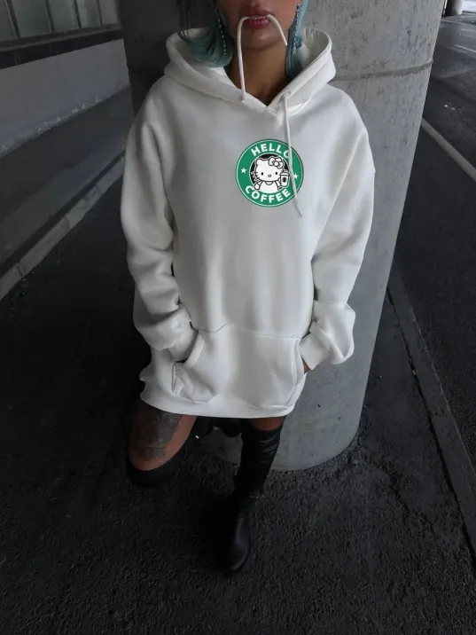 Üç İplik Penye Uzun Kol Kapüşonlu SweatShirt - Beyaz