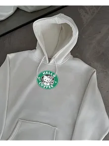 Üç İplik Penye Uzun Kol Kapüşonlu Sweatshirt - Beyaz