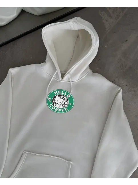 Üç İplik Penye Uzun Kol Kapüşonlu Sweatshirt - Beyaz