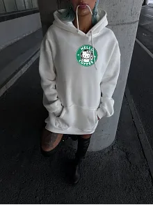 Üç İplik Penye Uzun Kol Kapüşonlu Sweatshirt - Beyaz