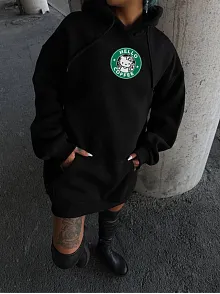 Üç İplik Penye Uzun Kol Kapüşonlu Sweatshirt - Siyah