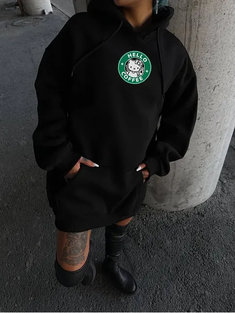 Üç İplik Penye Uzun Kol Kapüşonlu Sweatshirt - Siyah