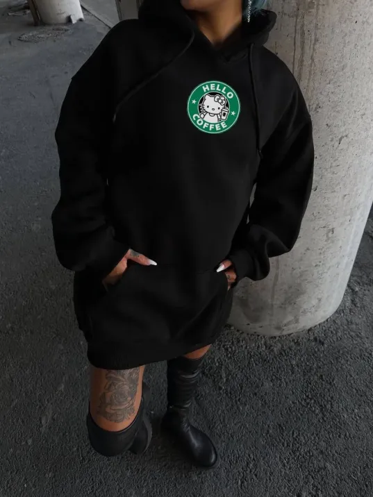 Üç İplik Penye Uzun Kol Kapüşonlu SweatShirt - Siyah Üç İplik Penye Uzun Kol Kapüşonlu SweatShirt - Siyah