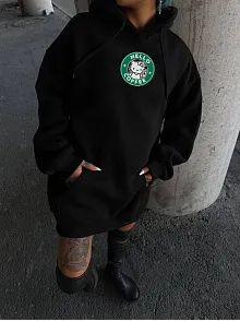 Üç İplik Penye Uzun Kol Kapüşonlu Sweatshirt - Siyah