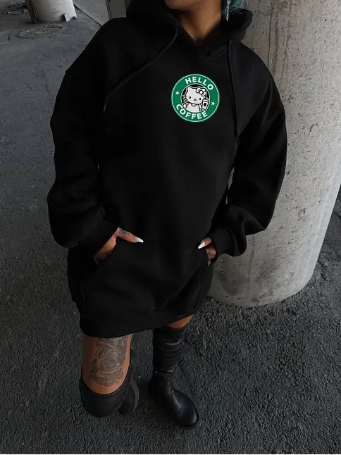 Üç İplik Penye Uzun Kol Kapüşonlu Sweatshirt - Siyah