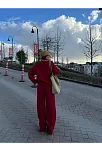 Kadın Üç İplik Pamuklu Yakalı Sweat Baggy Pantalonlu Takım - Bordo